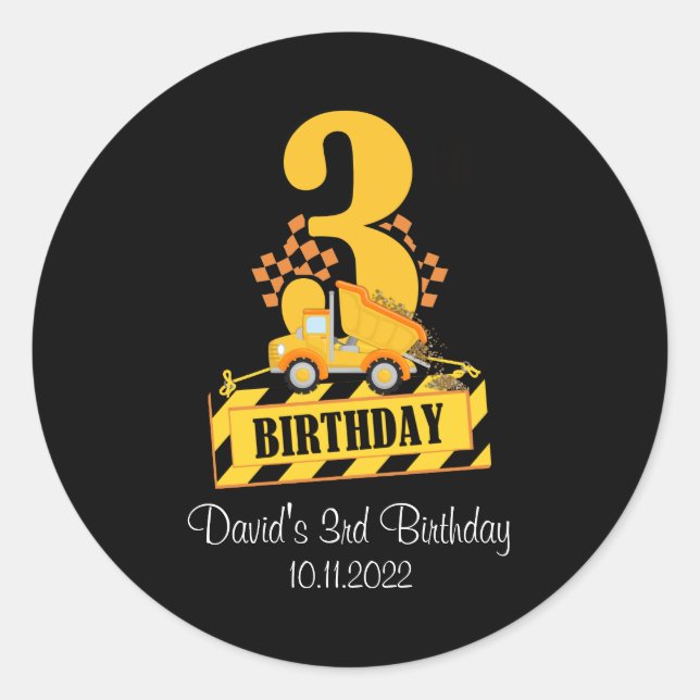 3rd Birthday Boy Construction Truck 3 Years Old Classic Round Sticker (Front)