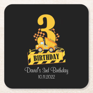 3rd Birthday Boy Construction Truck 3 Years Old  Square Paper Coaster