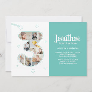 3rd Birthday Boy Number 3 Custom Photo Collage Invitation