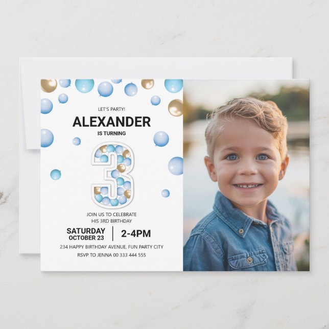 3rd Birthday Boy Party Photo Blue Gold Balloon Invitation (Front)