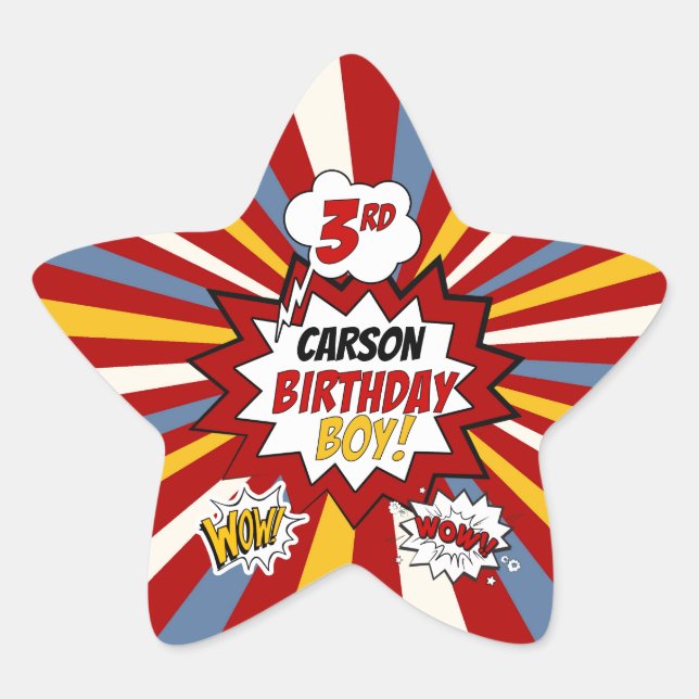 3rd Birthday Boy Superhero Comic with Name Star Sticker (Front)