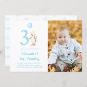 3rd Birthday Bunny Rabbit & Balloon Photo Invitation
