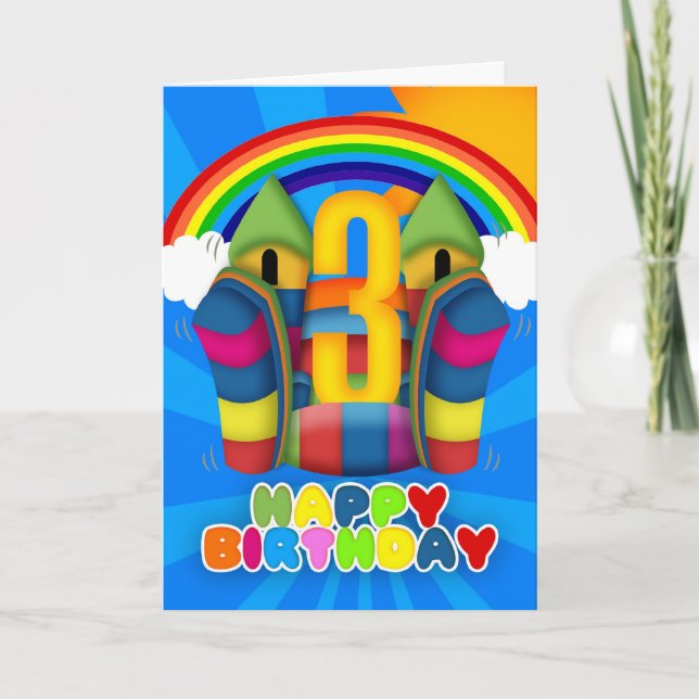 3rd Birthday Card With Bouncy Castle And Rainbow (Front)