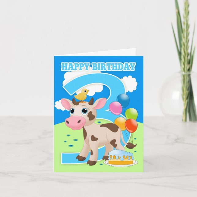 3rd Birthday Card With Little Cow Cake And Balloon (Front)