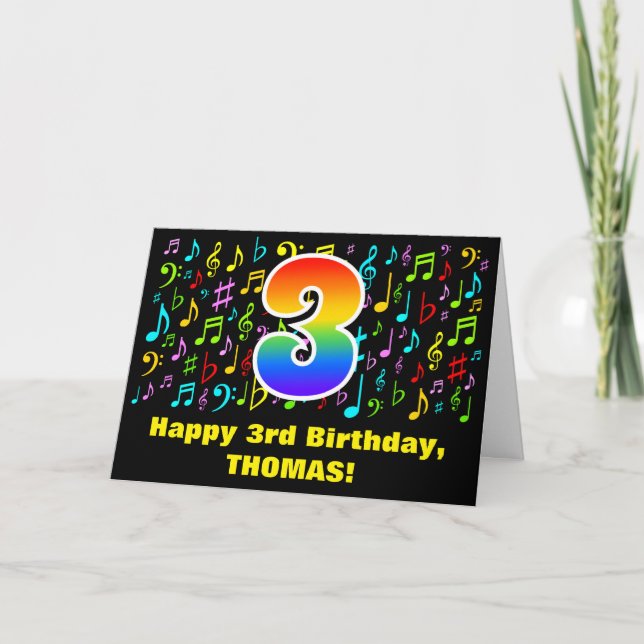 3rd Birthday - Colorful Music Symbols & Rainbow 3 Card (Front)