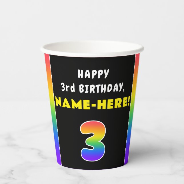 3rd Birthday: Colorful Rainbow # 3, Custom Name Paper Cups (Back)