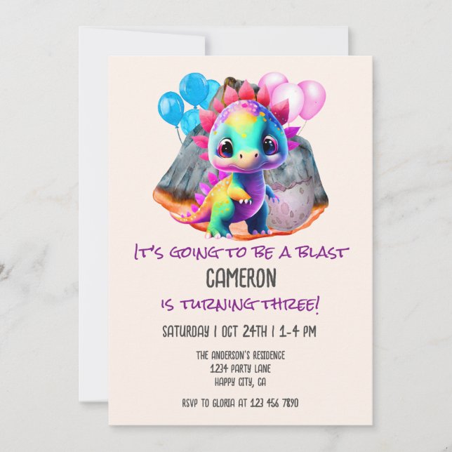 3rd Birthday Colourful Dinosaur To Be a Blast  Invitation (Front)