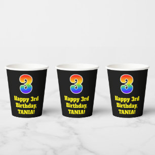 3rd Birthday: Colourful, Fun, Exciting, Rainbow 3 Paper Cups