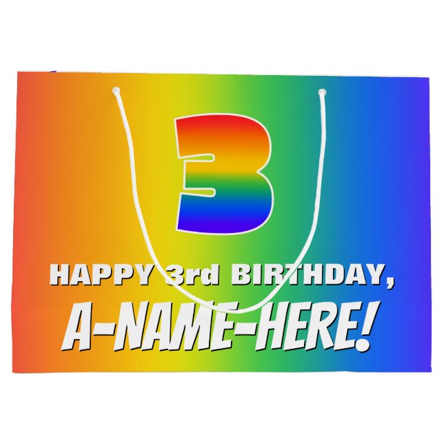 3rd Birthday: Colourful, Fun Rainbow Pattern # 3 Large Gift Bag (Back)