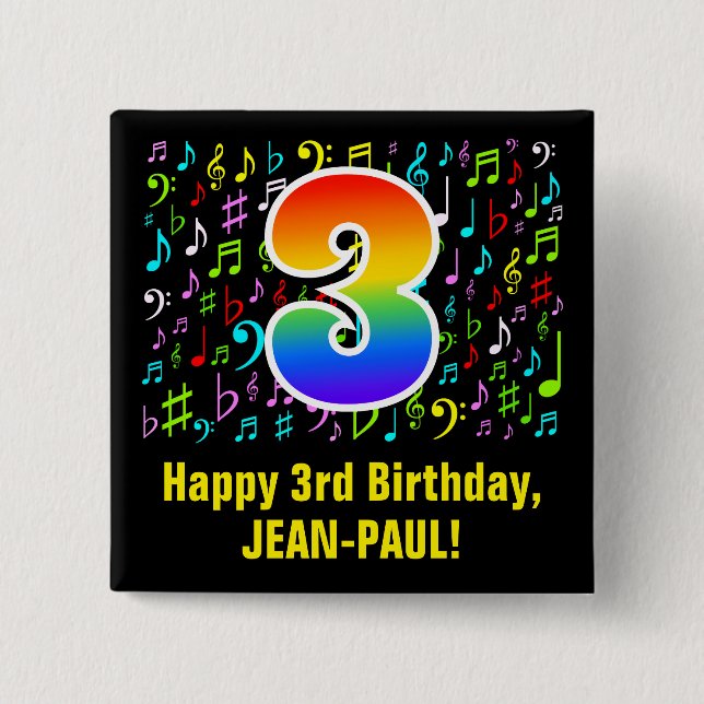 3rd Birthday: Colourful Music Symbols, Rainbow 3 15 Cm Square Badge (Front)