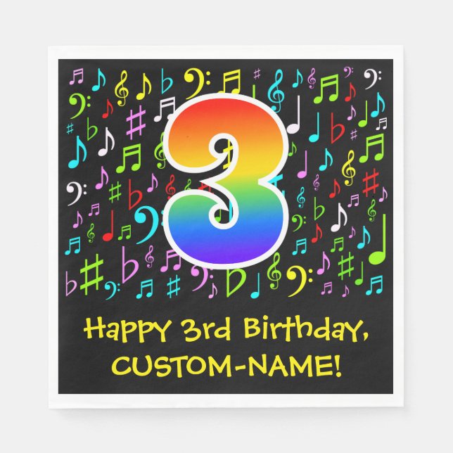 3rd Birthday - Colourful Music Symbols, Rainbow 3 Napkin (Front)