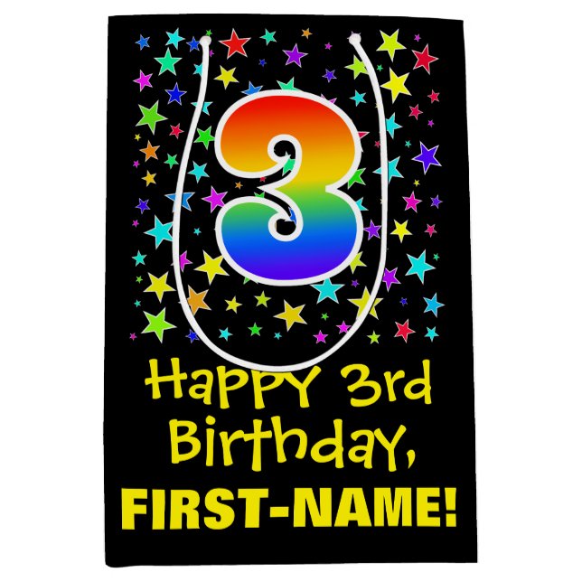 3rd Birthday: Colourful Stars Pattern & Rainbow 3 Medium Gift Bag (Front)