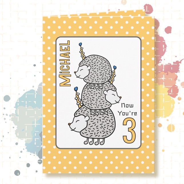 3rd Birthday Cute Cartoon Funny Grey Hedgehog  Card (Creator Uploaded)