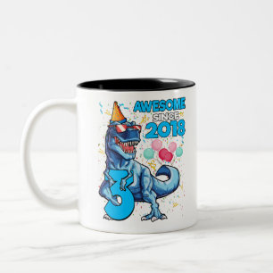 3RD Birthday Dinosaur 3 Year Old Boy Kids Awesome Two-Tone Coffee Mug