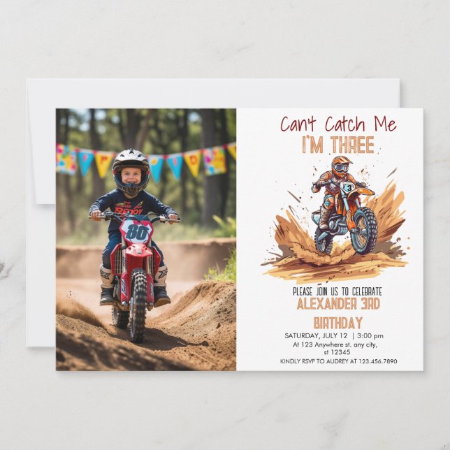 3rd Birthday Dirt Bike Boy Editable Photo Birthday Invitation (Front)