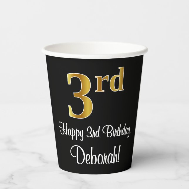 3rd Birthday - Elegant Luxurious Faux Gold Look # Paper Cups (Back)