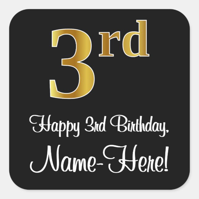 3rd Birthday – Elegant Luxurious Faux Gold Look # Square Sticker (Front)