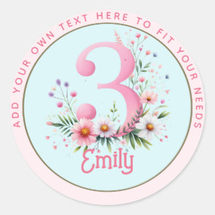 3rd Birthday Fairy Floral Pink Princess Fairytale Classic Round Sticker