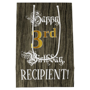 3rd Birthday: Faux Gold Look & Faux Wood Pattern Medium Gift Bag