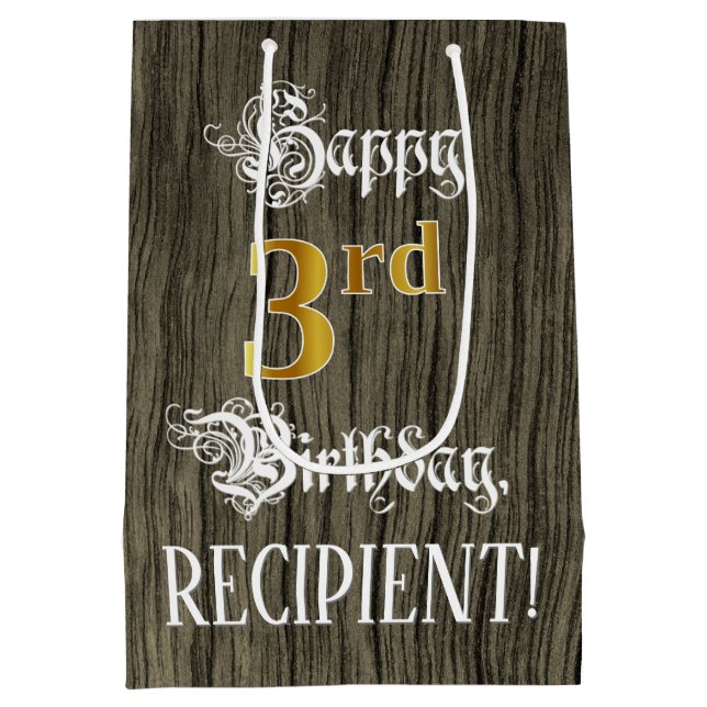 3rd Birthday: Faux Gold Look & Faux Wood Pattern Medium Gift Bag (Back)