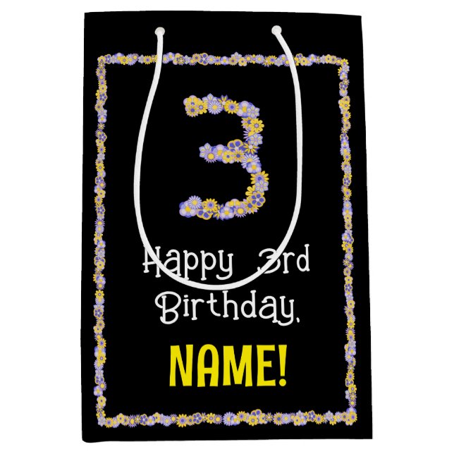 3rd Birthday: Floral Flowers Number, Custom Name Medium Gift Bag (Front)