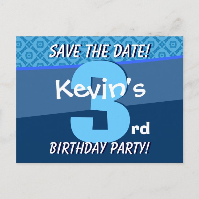 3rd Birthday for Boy Save the Date Blue V07B Announcement Postcard (Front)