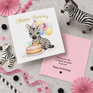 3rd Birthday For Girls - Cute Zebra Greeting Card