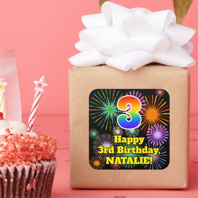 3rd Birthday: Fun Fireworks Look, Rainbow # 3 Square Sticker (Party)