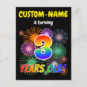 3rd Birthday - Fun Fireworks, Rainbow Look "3" Postcard