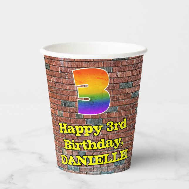3rd Birthday: Fun Graffiti-Inspired Rainbow 3 Paper Cups (Front)