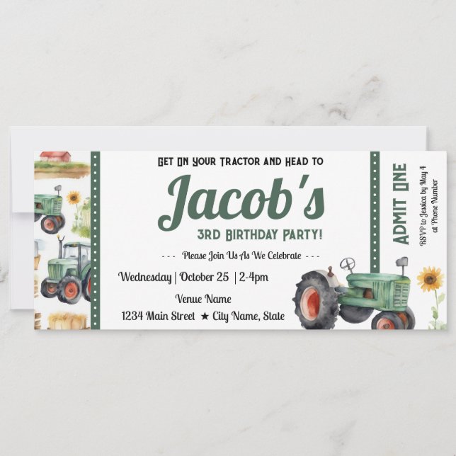 3rd Birthday Get Your Tractor Ticket Invitation (Front)