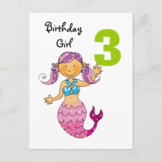 3rd birthday gift for a girl, cute mermaid postcard (Front)