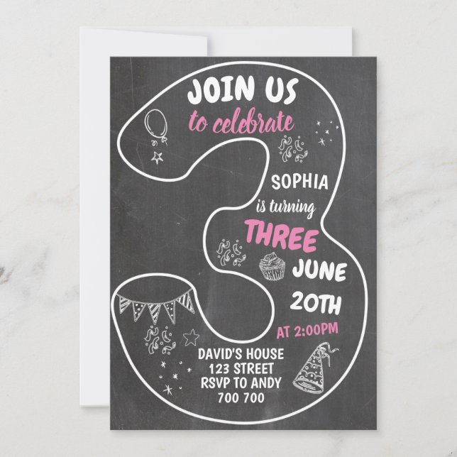 3rd Birthday Girl Chalkboard Number Pink Invitation (Front)