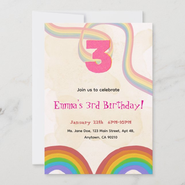 3rd Birthday Invitation Girl Editable Rainbow (Front)