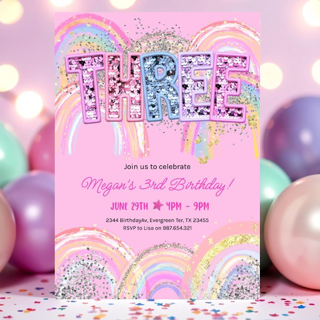 3rd Birthday Invitation Girl Editable Rainbow Sequ (Creator Uploaded)