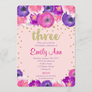 3rd birthday invitation girl, pink purple gold