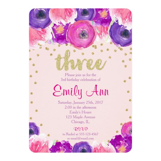 3rd birthday invitation girl pink purple gold zazzle co uk