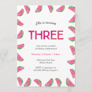 3rd Birthday Invitation   tropical watermelon pink