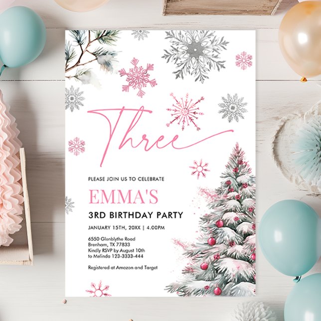 3rd Birthday Invitation, Winter Pink 3rd Birthday  Invitation (Creator Uploaded)