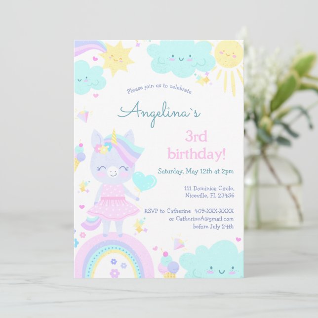 3rd birthday invitation with a funny unicorn. (Standing Front)