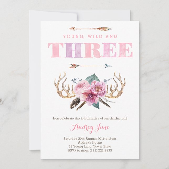 3rd birthday invitations, bohemian birthday party invitation (Front)