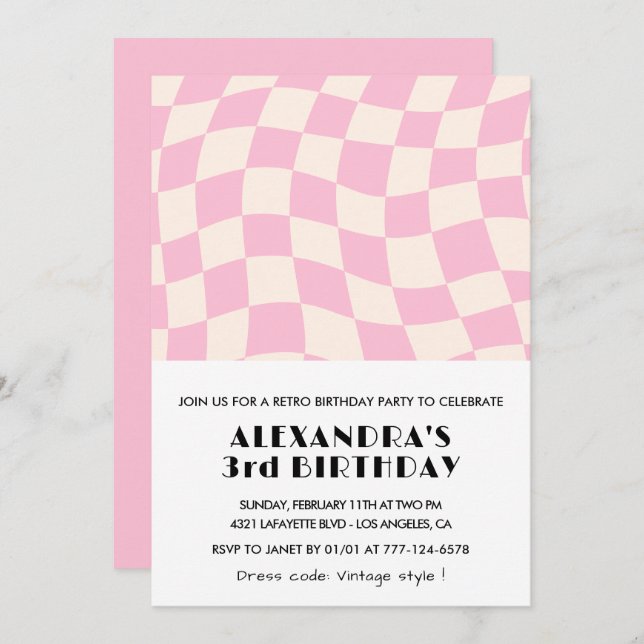 3rd birthday invitations Chequered Retro Pink  (Front/Back)