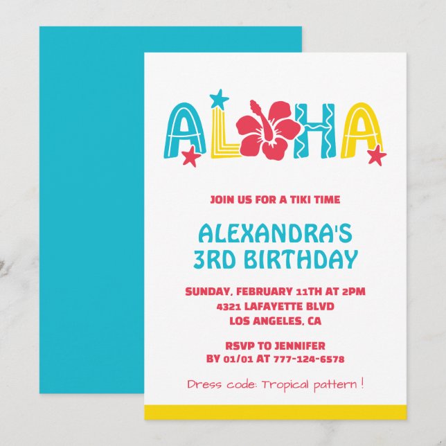 3rd birthday invitations Tropical Aloha Hawaiian (Front/Back)