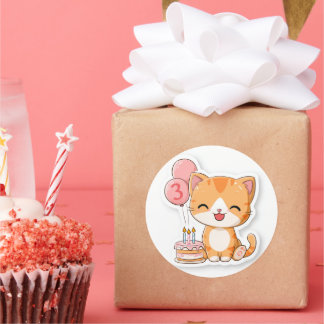 3rd Birthday, Kitten w Balloons & Cake,   Classic Round Sticker