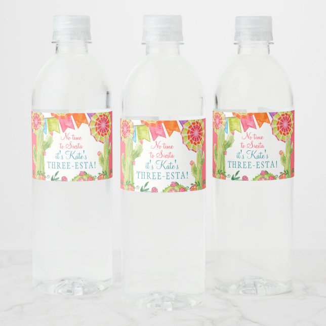 3rd Birthday Lets Fiesta Cactus Flowers Girl Party Water Bottle Label (Bottles)