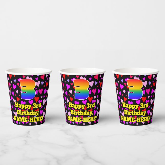 3rd Birthday: Loving Hearts Pattern, Rainbow 3 Paper Cups (Multi)
