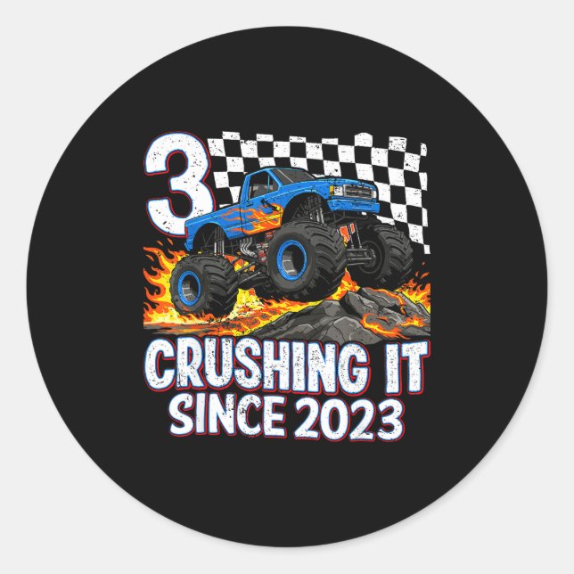 3rd Birthday Monster Truck 3 Year Old Boys Party B Classic Round Sticker (Front)