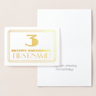 3rd Birthday; Name + Art Deco Inspired Look "3" Foil Card