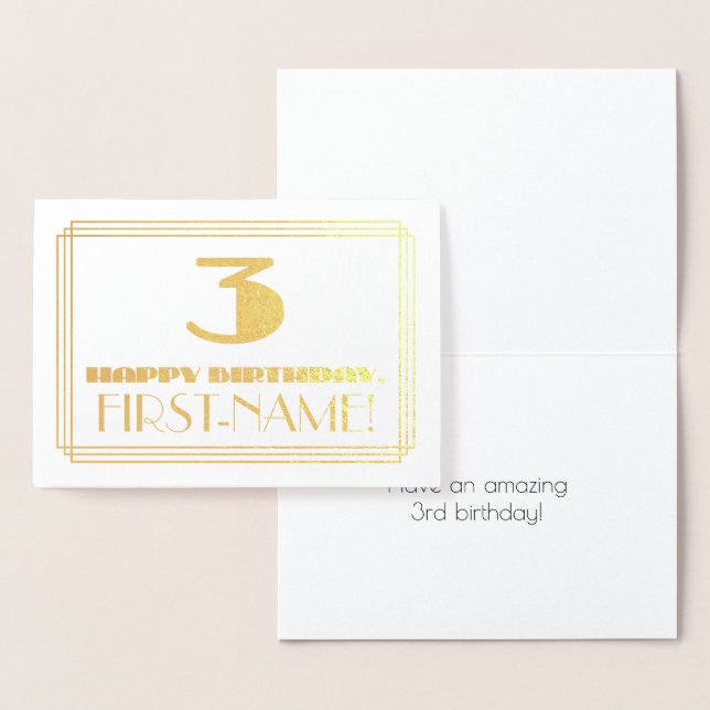 3rd Birthday; Name + Art Deco Inspired Look "3" Foil Card (Display)