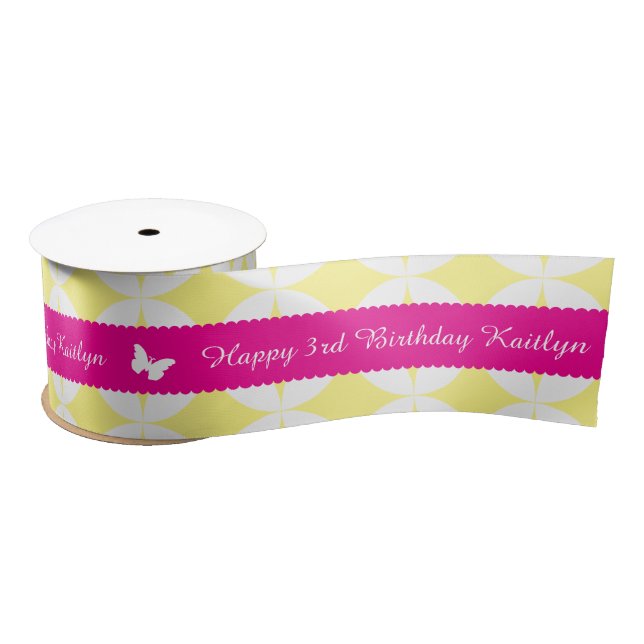 3rd birthday name pink white butterfly ribbon satin ribbon (Spool)
